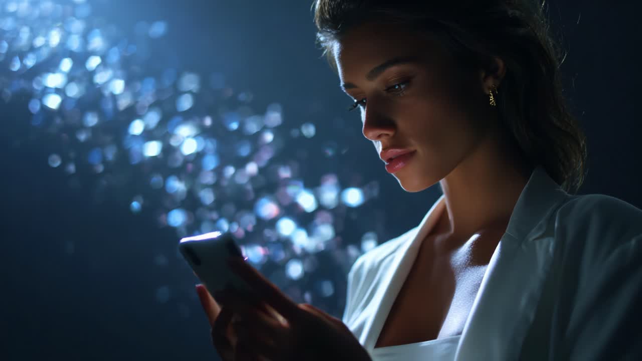 A Serene Moment Captured: A Young Woman Engrossed in Her Smartphone, Bathed in Ethereal Light Amidst a Dreamy Background of Sparkling Bokeh, Represents Modern Technology and Reflection