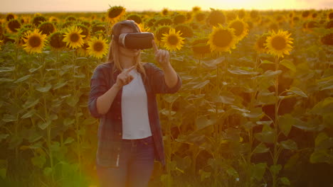 Una-Granjera-Moderna-En-Un-Campo-Con-Girasoles-Utiliza-Tecnología-Vr.-Simulando-La-Interfaz-De-Usuario-De-La-Aplicación.-Controlar-El-Sistema-De-Riego-Con-Drones.-Inspeccionar-El-Campo-Utilizando-Drones.