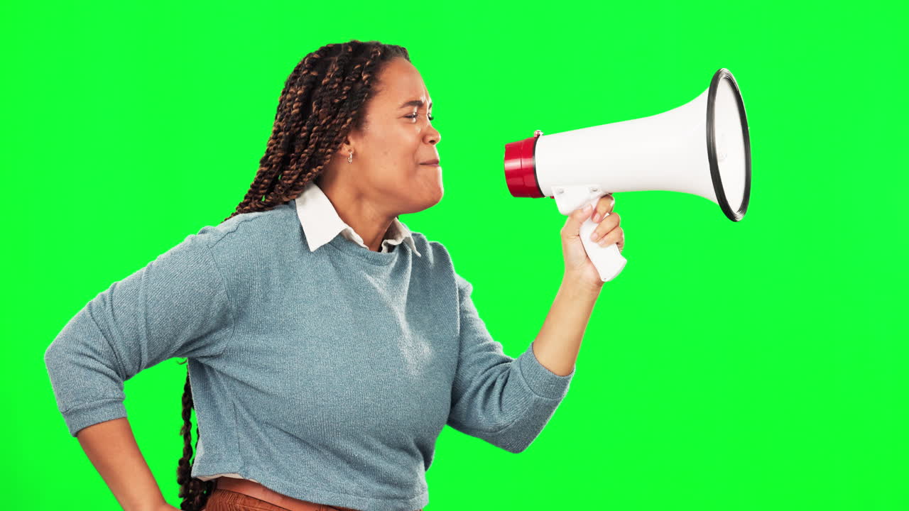 Protest, shouting and woman with a megaphone by