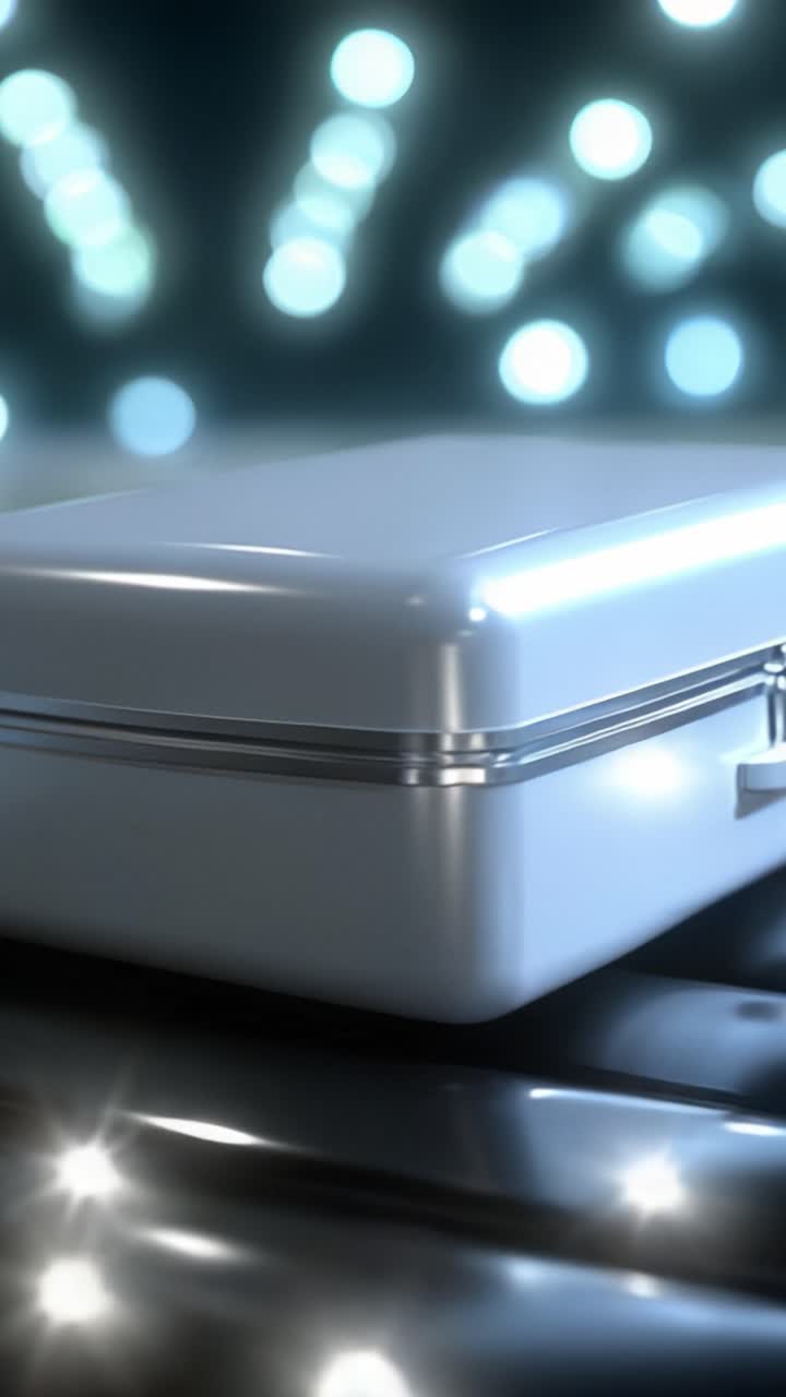 A sleek white box illuminated by shimmering lights in a soft-focus background, creating a mesmerizing and modern aesthetic that captivates the viewer's attention