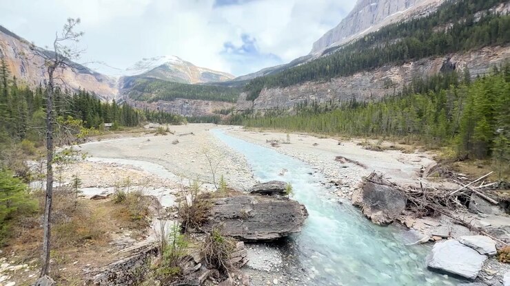 Ripresa a mano libera di un fiume che scorre attraverso una valle aspra e boscosa con montagne innevate sullo sfondo, catturata con illuminazione naturale e inquadratura chiara ed equilibrata