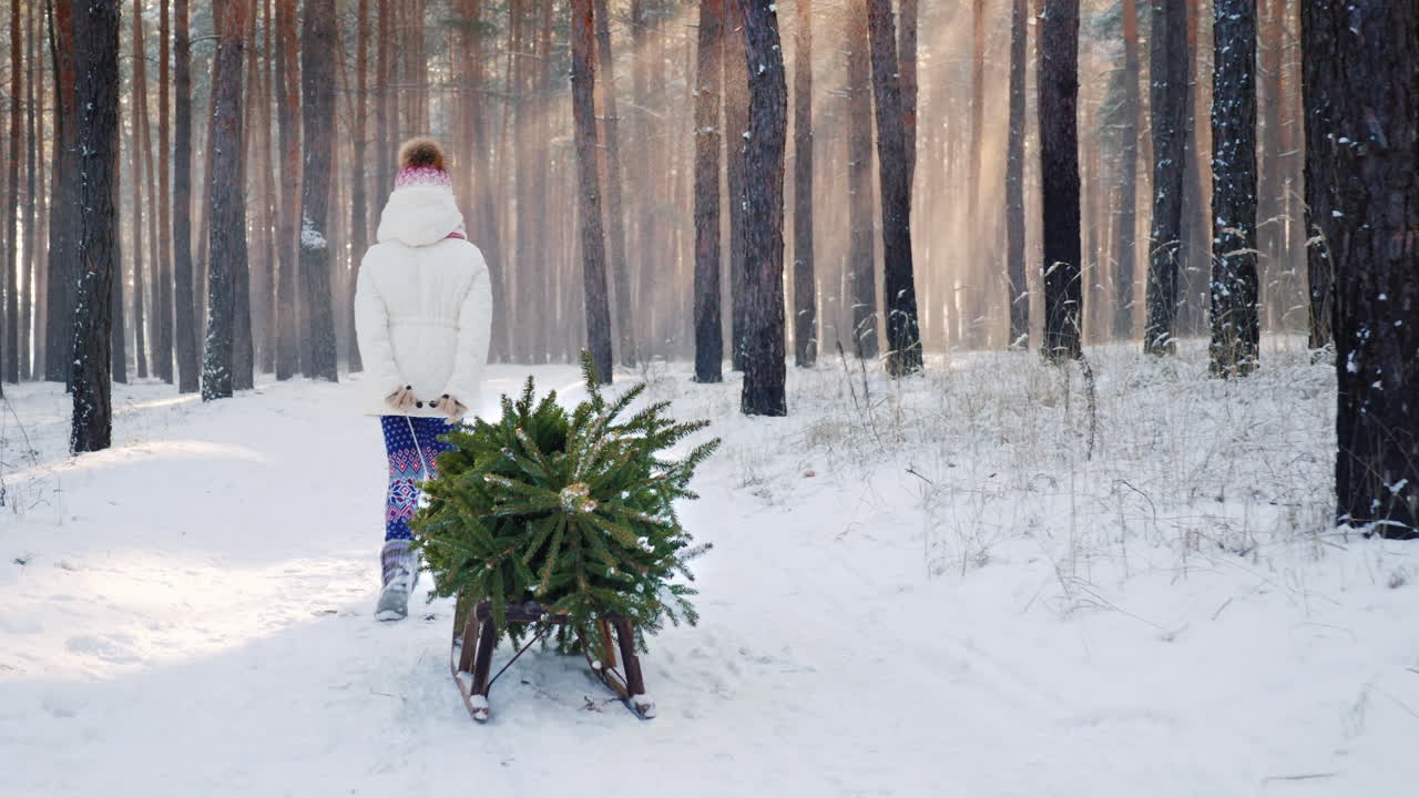 어린 소녀가 나무 썰매에 크리스마스 트리를 들고 눈 덮인 숲을 통과합니다.