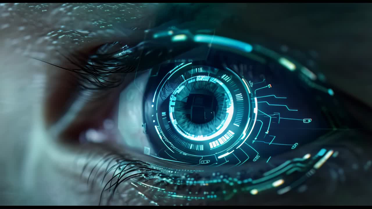 A close up of a person's eye with a blue light surrounding it, security retina scanning