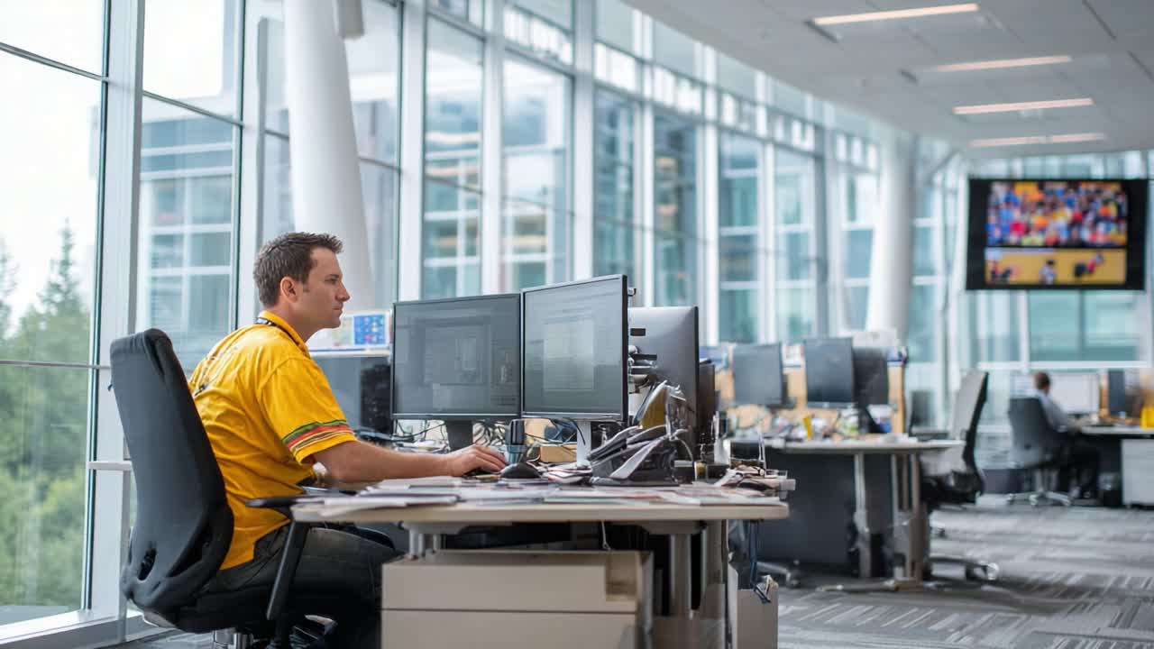 Focused Professional in a Modern Office Environment Working on Multiple Computer Monitors Surrounded by Large Windows and a View of Nature Outside