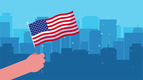 hand with united states of america flag in cityscape