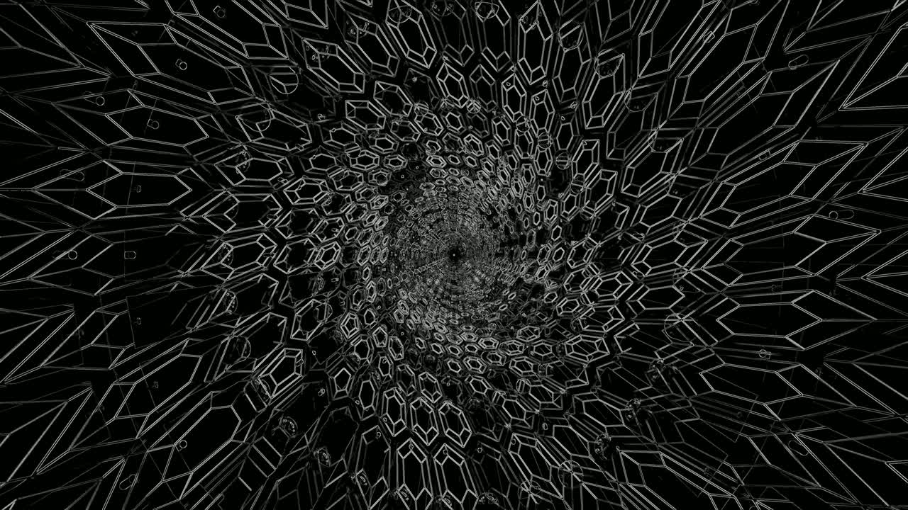 Un tunnel luminoso fatto di luci al neon si estende in avanti. Il tunnel è pieno di forme e motivi geometrici. Si tratta di un loop continuo in movimento che crea un effetto visivo dinamico