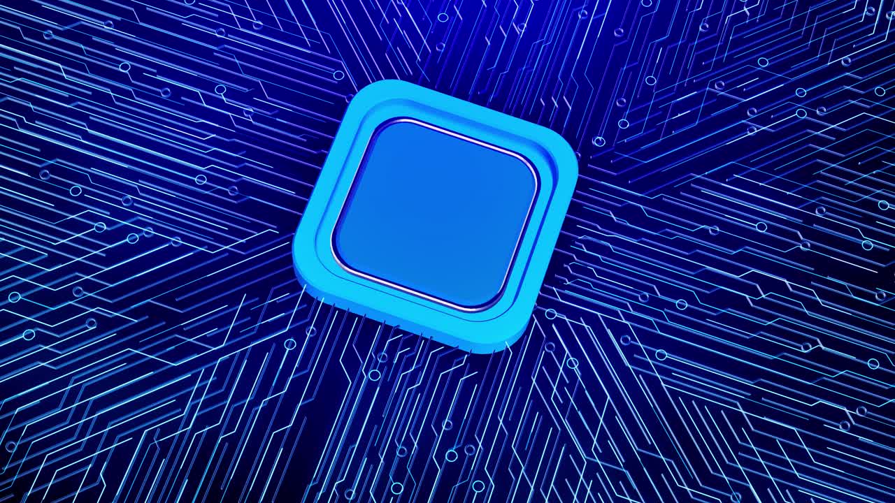 Glowing blue push button placed at center use of digital circuit board electric lines radiate