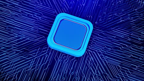 glowing blue push button placed at center use of digital circuit board electric lines radiate