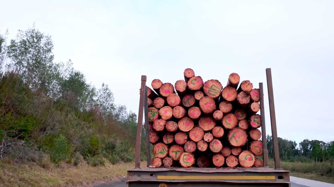 Wooden logs loaded on truck for transportation, commercial timber industry