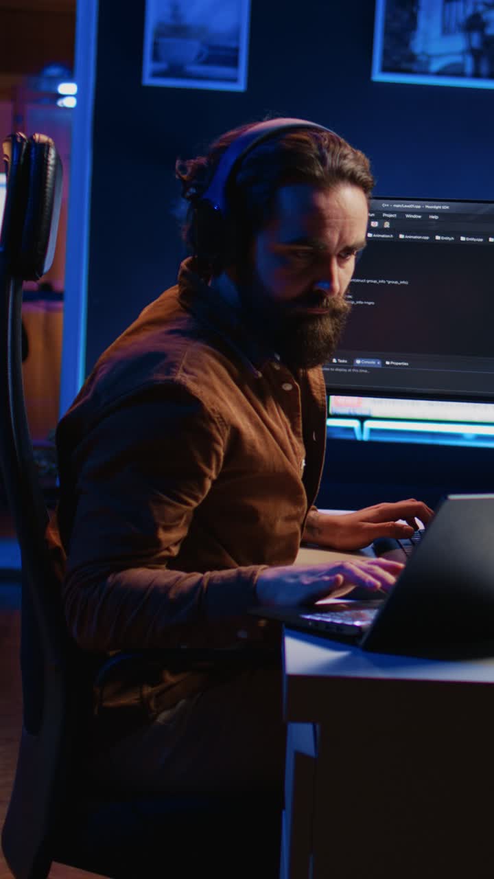 Focused Programmer Working on Laptop and Computer Screen at Night