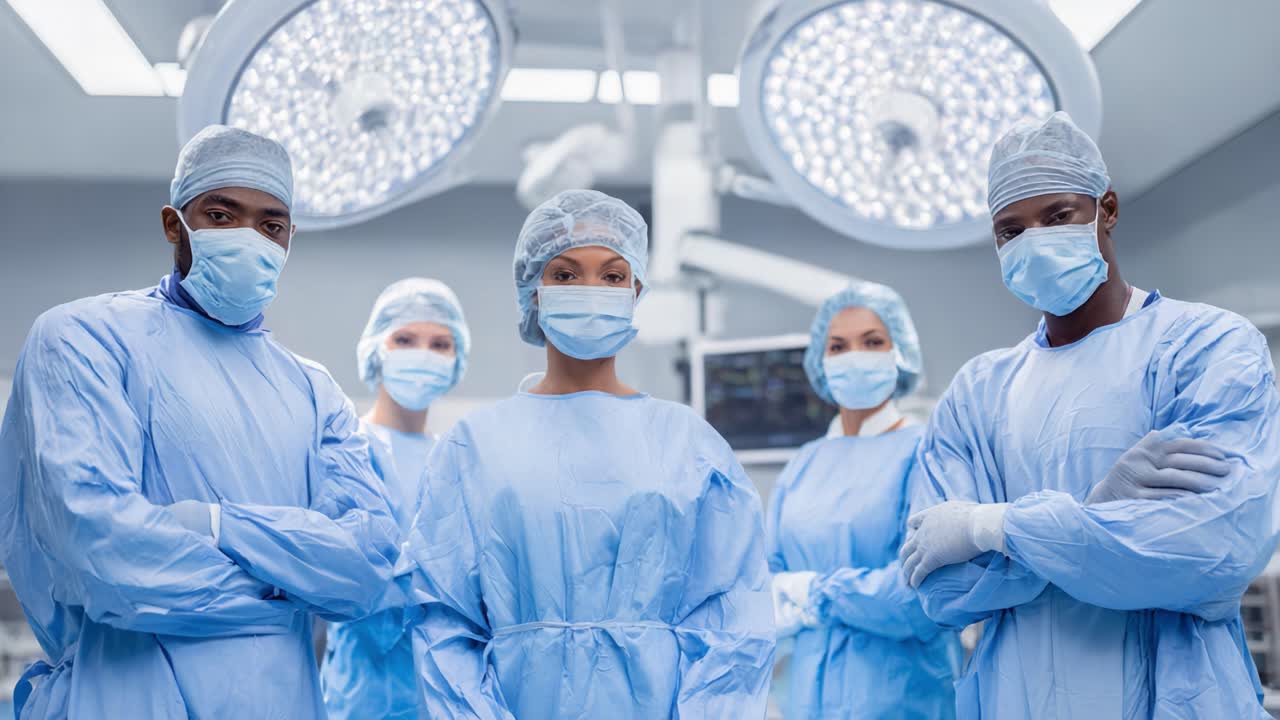 Un team chirurgico dedicato all'opera: i professionisti medici qualificati e concentrati, pronti per procedure avanzate in un ambiente operatorio moderno