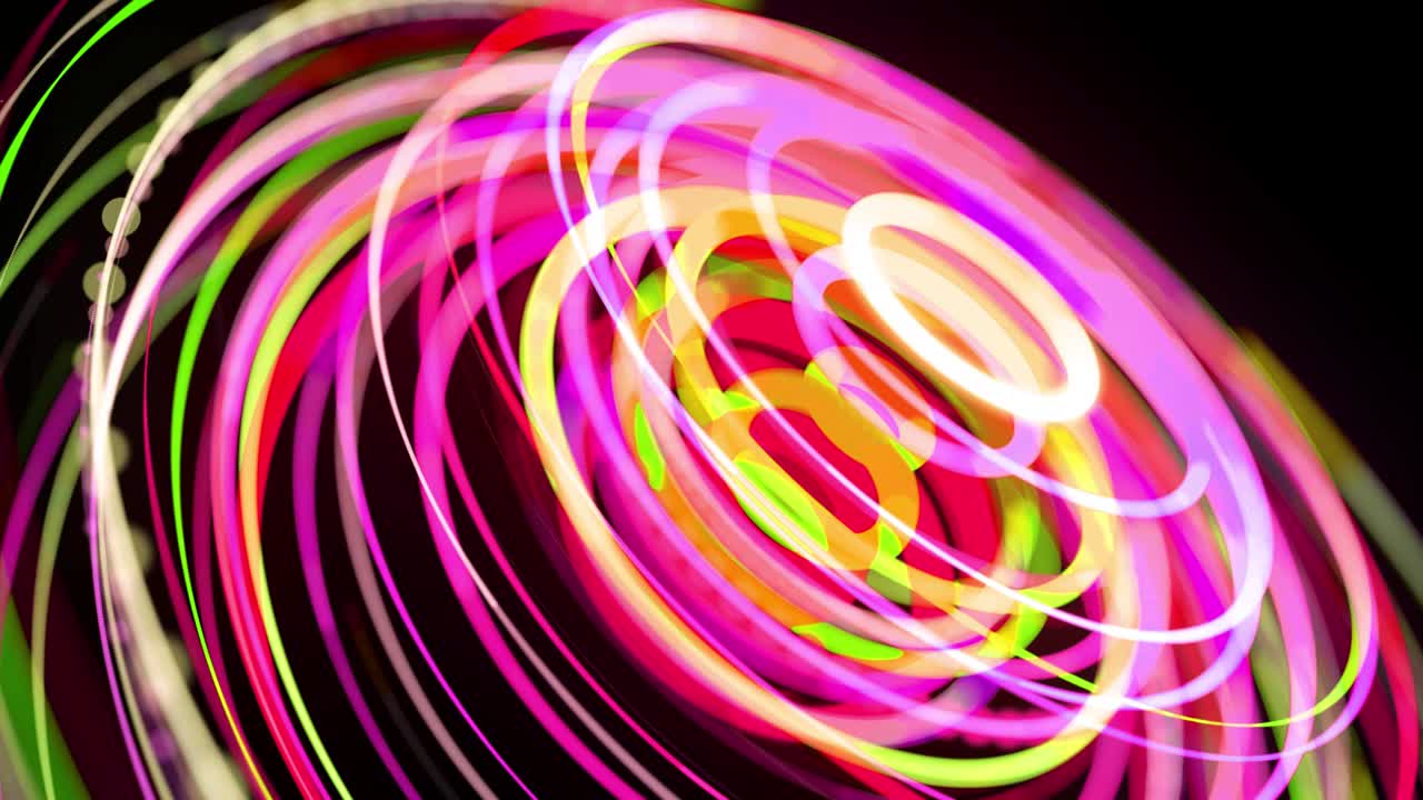 빛의 흐름: 4k에서 추상적인 루프 배경, 빛의 흔적, 공간에서 녹색, 빨간색, 노란색, 네온 선의 흐름은 반지 모양을 형성하기 위해 움직입니다.
