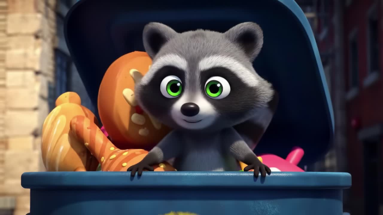 A playful raccoon explores a colorful dumpster filled with whimsical treats, showcasing a lively and imaginative adventure set in an animated urban environment