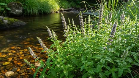 Lush Green Melaleuca Plants Flourishing by a Tranquil Stream, Showcasing Beauty in Nature with Delicate Purple Flowers Amidst Sparkling Water
