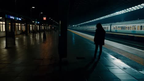 a person waiting for a train at a night station