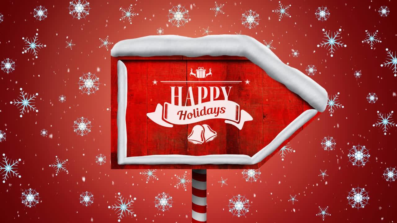 행복한 휴일 텍스트와 함께 나무 표지판 위에 떨어지는 눈송이의 애니메이션