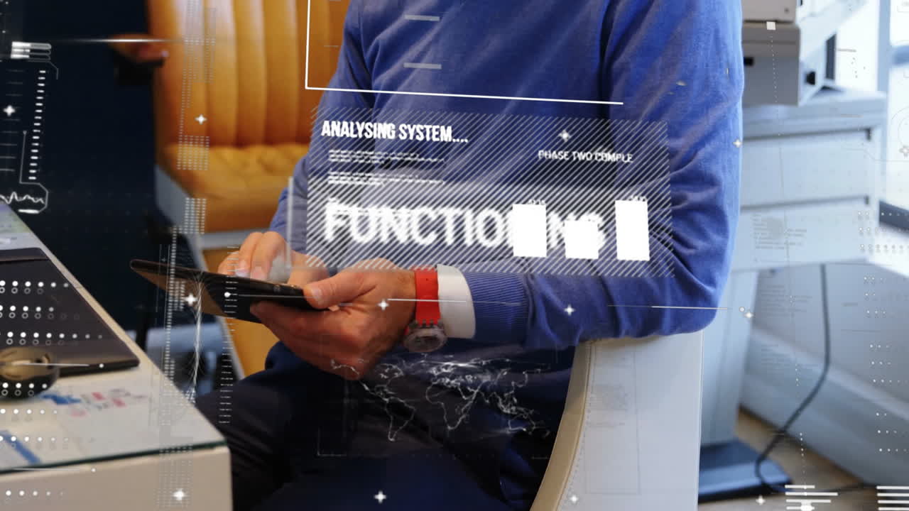 Animation of data processing and diagrams over biracial businessman using tablet