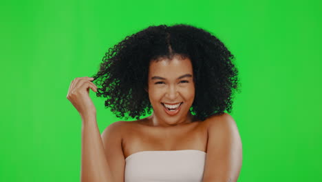 cabello, belleza y rostro de mujer en pantalla verde