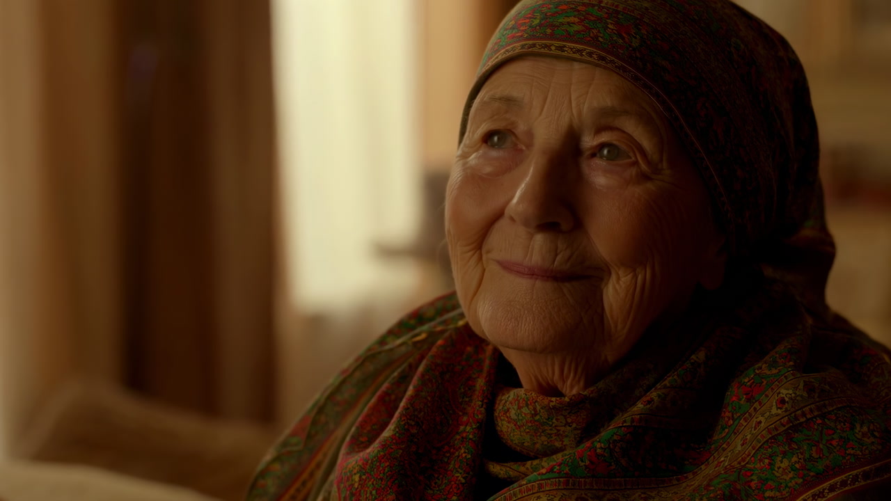 Elderly Woman Smiling By Window, Warm Golden Light Fills Cozy Living Room, Headscarf And Patterned Shawl,