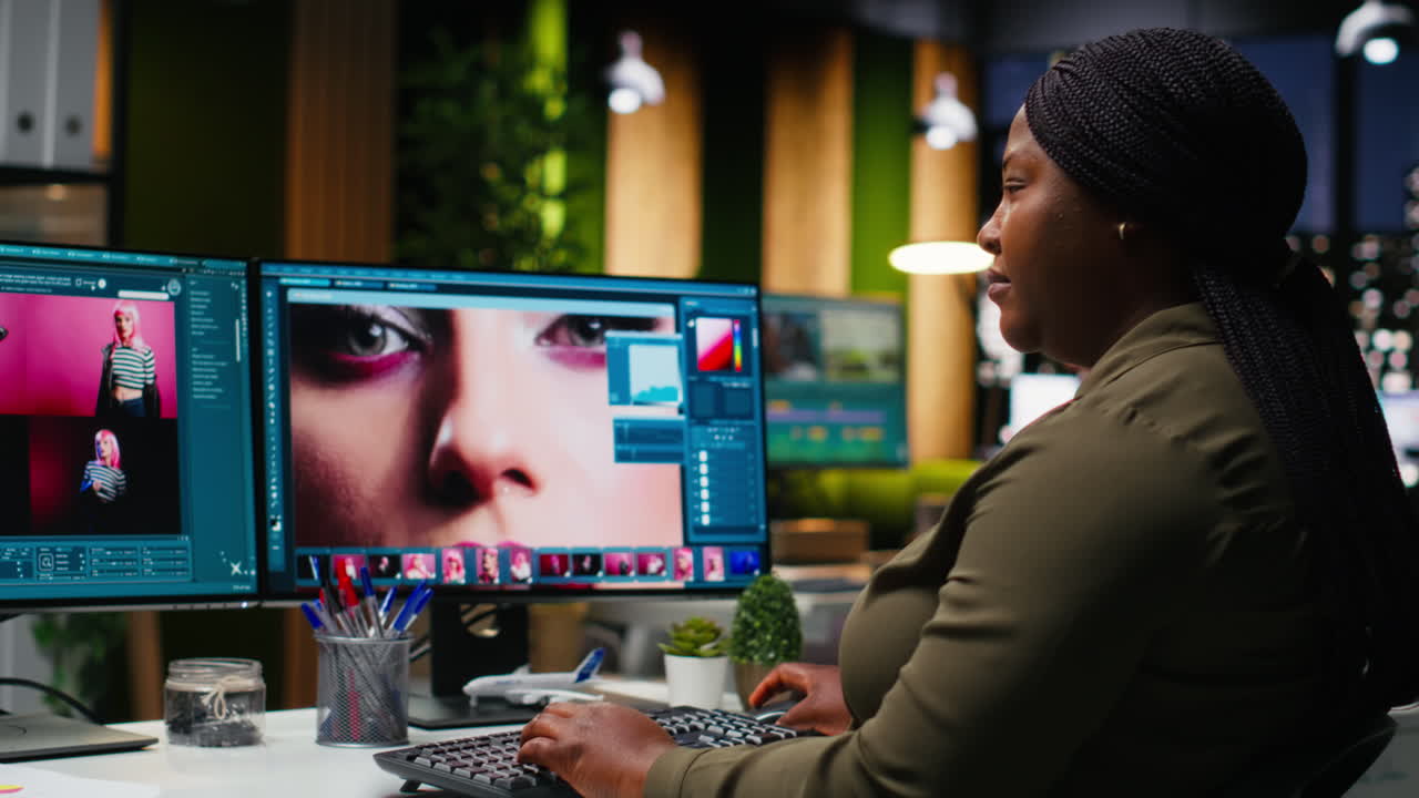 Black photo editor working with retouching software at virtual assistant