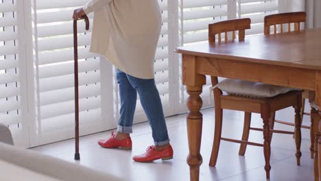 thoughtful senior african american woman looking through window, holding walking cane