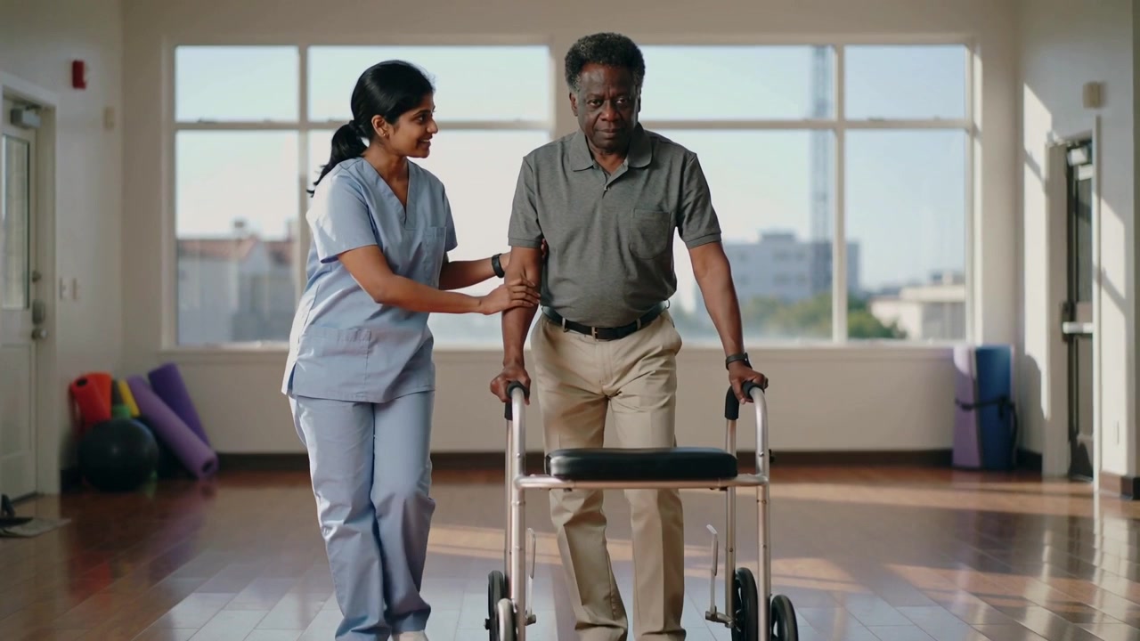 Practicing man holding rolling walker with nurse in scrubs placing hand, guiding steps at rehab gym
