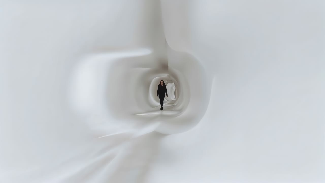 Donna in cappotto scuro che avanza dopo una pausa, camminando verso la fotocamera ed esplorando un tunnel scultoreo