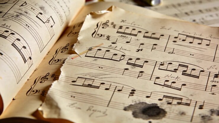 Moving camera bringing torn sheet music into closer focus on desk, revealing ink blot, open book