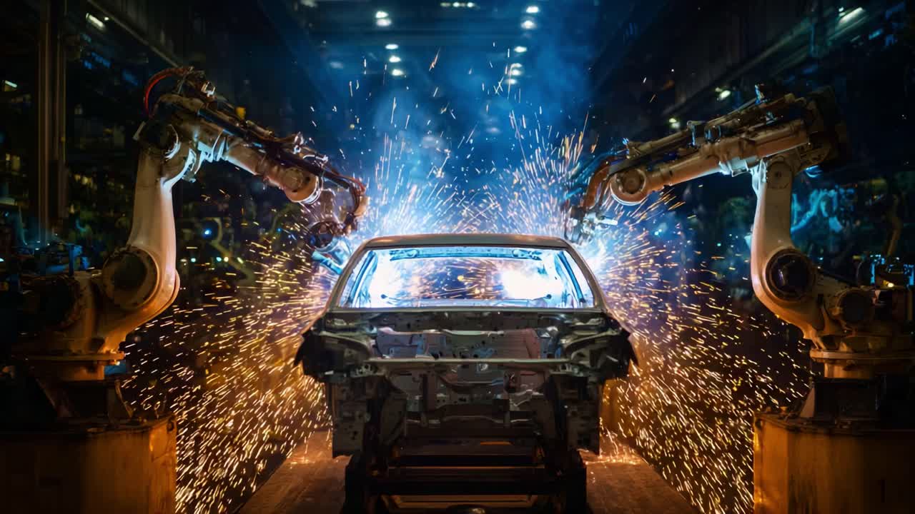 Scena industriale dinamica con bracci robotici e scintille durante il processo di produzione di automobili, che mostra la tecnologia automatizzata in azione in un impianto di produzione