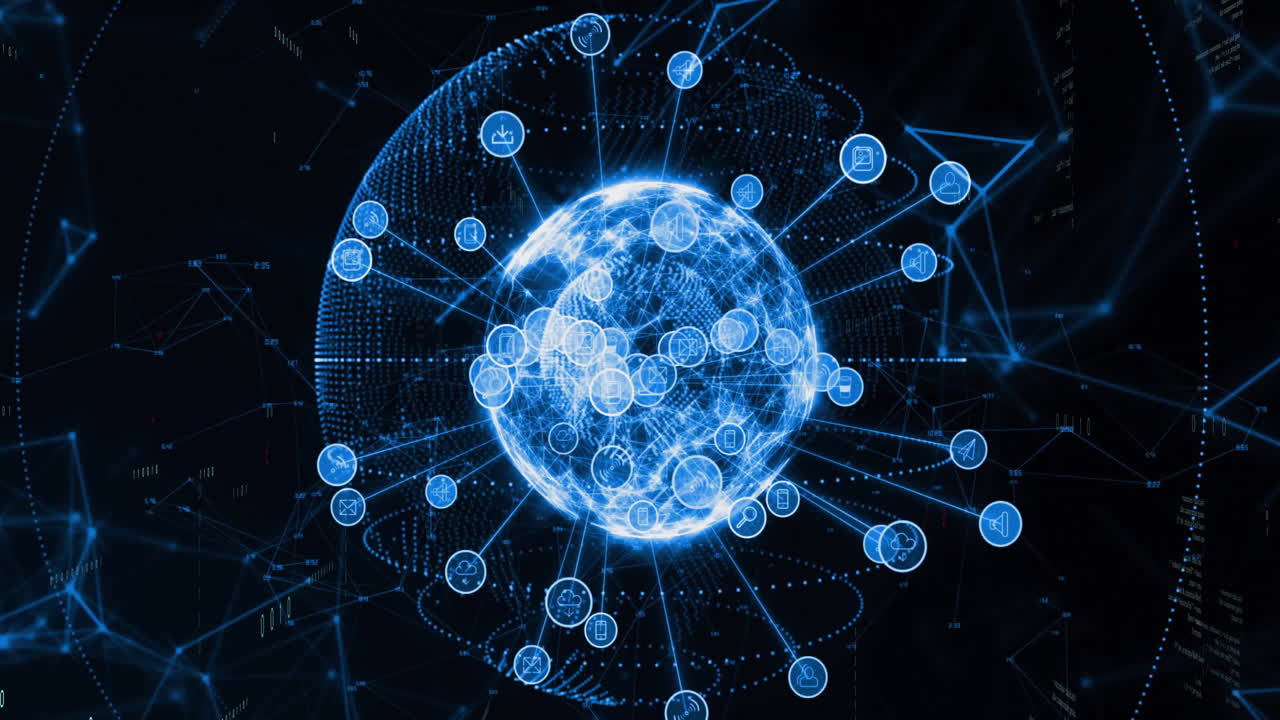 Animation of connections and digital data processing over globe on dark background