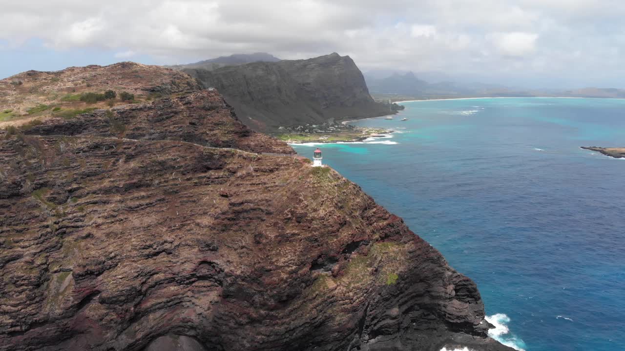 Version One. Smooth Aerial Orbit of Makapuu Lighthouse and Rabbit Island with Beauitful Clouds and Ocean