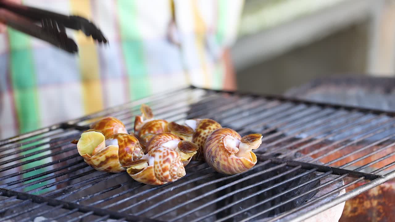 야외 에서 그릴 에 달린 달이 를 요리 하는 사람