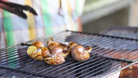 person cooking snails on a grill outdoors
