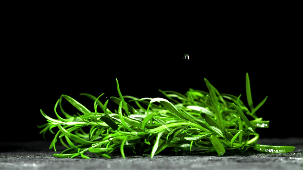 Fresh Rosemary Sprigs Falling onto a Dark Surface with Water Drops in Slow Motion