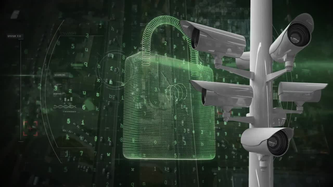 Animation of online security padlock and cameras recording