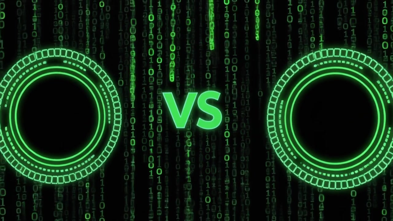 Versus Text Overlay with Digital Binary Code Background