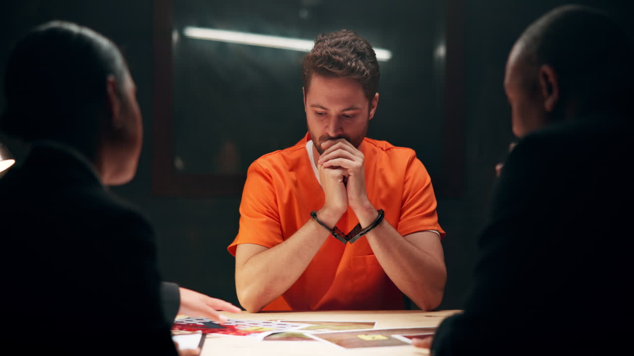Interrogation scene with a suspect in handcuffs
