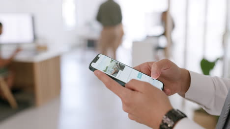 Hands-closeup,-phone-and-businessman-in-office