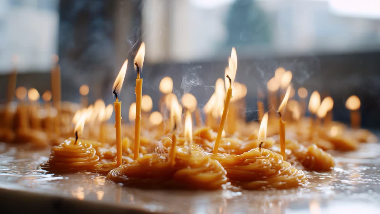 Candele illuminate su una superficie con cera che si scioglie e fiamme tremolanti che creano un bagliore caldo in un ambiente sereno e tranquillo di riflessione e contemplazione