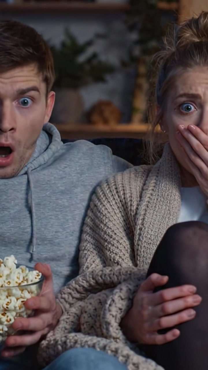 En Spændt Filmaften: Et Pars Fængslende Reaktion på en Spændende Scene, Med Popcorn i Hånden og Store Øjne, der Fanger Alle Følelserne