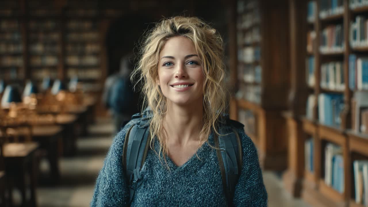 Una giovane donna con i capelli sciolti che sorride e porta uno zaino in una grande biblioteca circondata da librerie, che esemplifica la gioia dell'apprendimento e dell'esplorazione