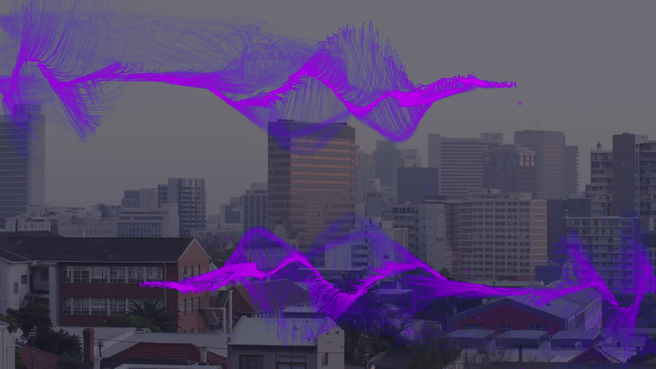 Animation of purple wave over cityscape
