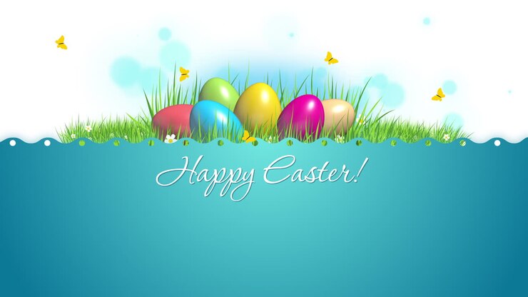 Festive blue background with eggs on grass with copy space. Looped religious animation of Happy Easter. Butterflies fly over a meadow with flowers.