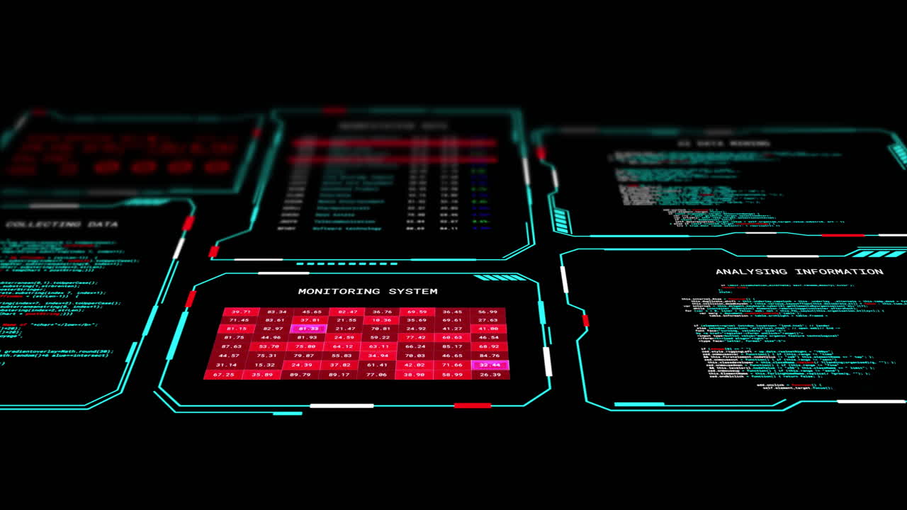 Animation of digital data processing on screens over black background
