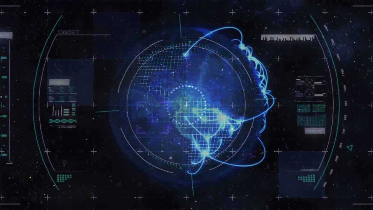 animación de escaneo de alcance, giro del globo y procesamiento de datos sobre cuadrícula sobre fondo negro