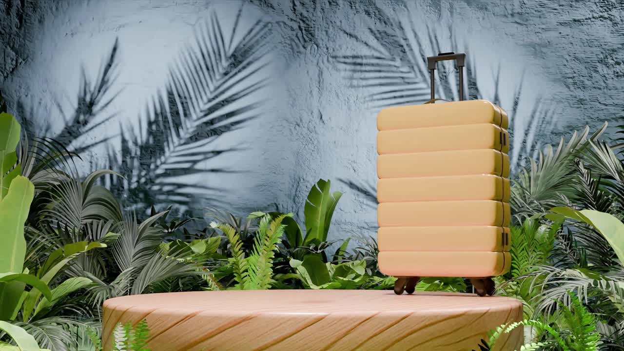 Yellow hard-shell suitcase standing on wooden podium surrounded by tropical plants and blue textured wall. Travel and vacation concept. Design for banner, poster. Studio product display.