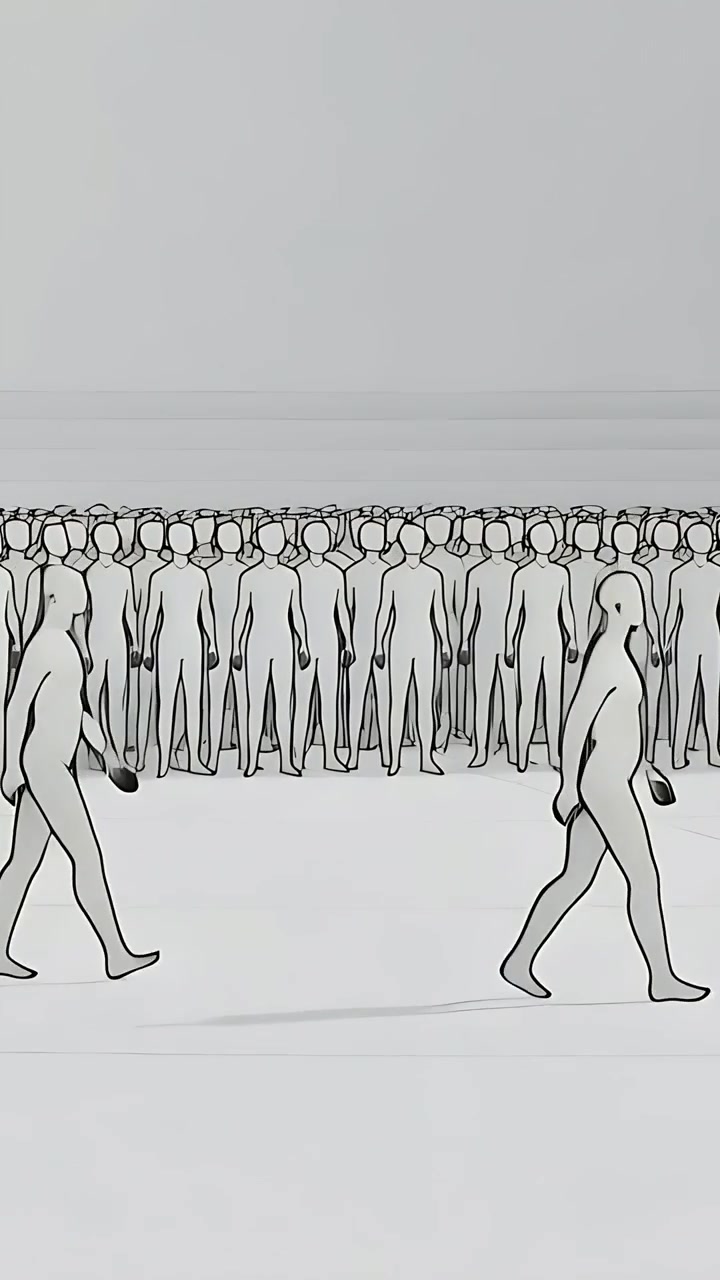 Vertical video: Walking single outline figure appearing from left and crossing studio to pass crowd