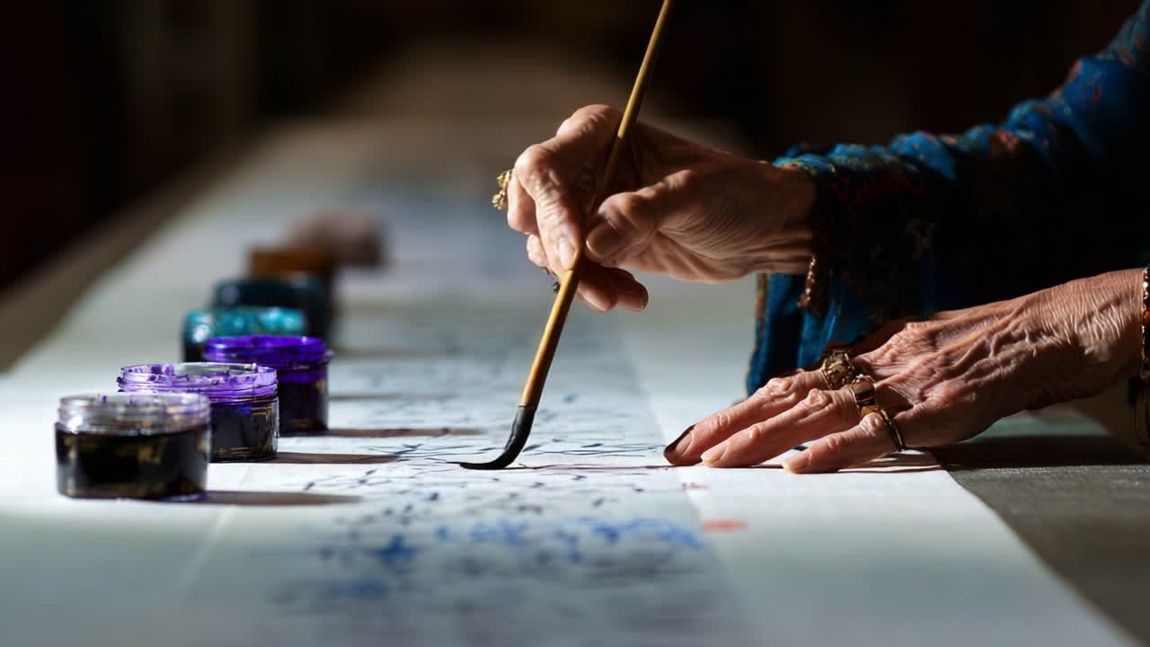 Artisan Craftsmanship: A Close-Up of an Artist's Hand Skillfully Painting with Brush and Colorful Inks on a Long Canvas, Capturing the Essence of Creative Expression and Traditional Techniques