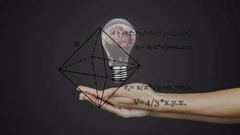 animación de fórmulas matemáticas sobre el cerebro en el bulbo sobre las manos de la mujer en fondo gris