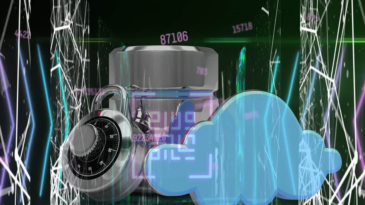 검은색 배경의 락 위에 qr 코드로 데이터 처리의 애니메이션.